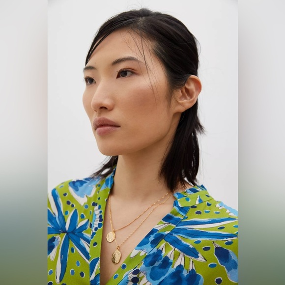 Anthropologie Green and Blue Vera Valley Flutter Short Sleeve Button Up Blouse - Picture 2 of 15